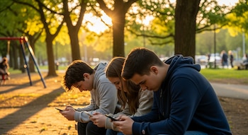 Tres jóvenes de 15 años sentados en un parque, mirando sus teléfonos móviles. La luz del sol al atardecer ilumina la escena desde atrás.