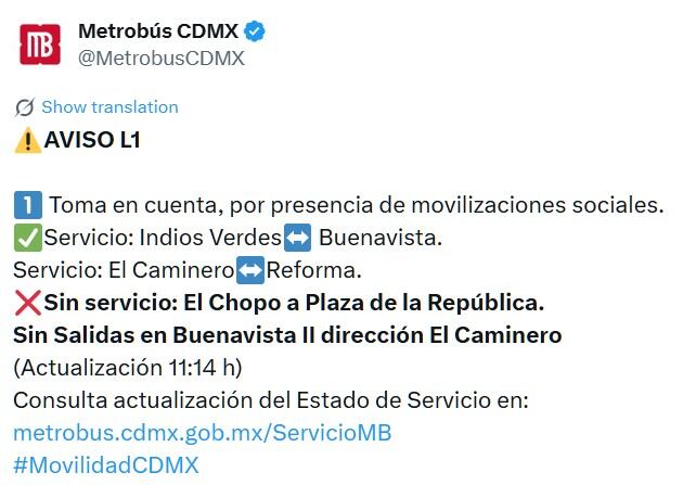 Avance en tiempo real de las diversas líneas de la red de transporte público capitalino. (TW MB CDMX)