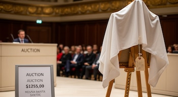 Caballete de madera con una obra cubierta por tela blanca en una elegante sala de subastas, un cartel de 'Auction $1255,00' en primer plano y público desenfocado.
