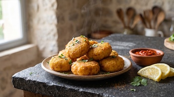 Maakoudas de patata en un plato cerámico con cilantro picado, un cuenco con salsa roja y rodajas de limón sobre una mesa de piedra oscura.