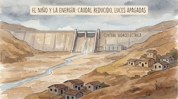 Ilustración en acuarela de una central hidroeléctrica con un flujo de agua muy bajo en el río, flanqueada por montañas y casas de estilo rural con ventanas oscuras.
