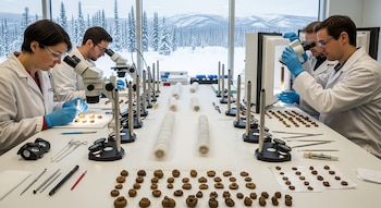 Cuatro personas en batas de laboratorio y guantes azules examinan muestras en mesas con microscopios, coprolitos y herramientas científicas. Ventana con paisaje nevado.