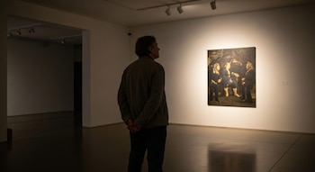 Vista trasera de un hombre con una chaqueta oscura y manos entrelazadas, de pie frente a una pintura iluminada en una pared blanca de una galería.