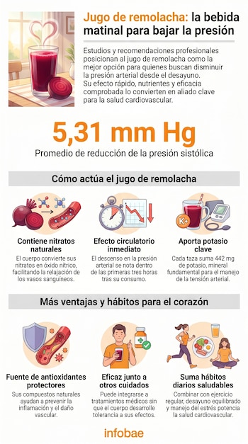 Infografía sobre el jugo de remolacha como bebida matinal. Muestra un vaso de jugo, nitratos, potasio, un medidor de presión y hábitos saludables.