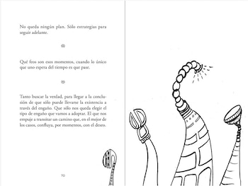 Página de libro abierta con texto en español a la izquierda y una ilustración en blanco y negro a la derecha que incluye formas abstractas, orgánicas y un medidor