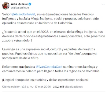 Aída Quilcué acusó a Álvaro Uribe de estigmatizar la Minga Indígena y causar daño histórico - crédito @aida_quilcue/X