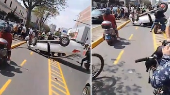 Accidente en el Cercado de Lima: automóvil termina volcado frente al Real Plaza del Centro Cívico y afecta la circulación vehicular