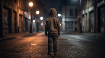 Vista trasera de un niño con sudadera gris y capucha puesta en el centro de una calle iluminada por faroles durante la noche.