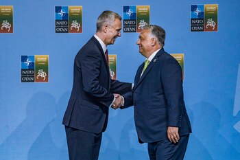 July 11, 2023, Vilnius, Vilnius, Lithuania: Jens Stoltenberg, Secretary General of NATO, left, welcomes to Viktor Orban, President of Hungary, to the NATO Summit in Vilnius. Lithuania.,Image: 788591276, License: Rights-managed, Restrictions: * France Rights OUT *, Model Release: no, Credit line: Celestino Arce / Zuma Press / ContactoPhoto