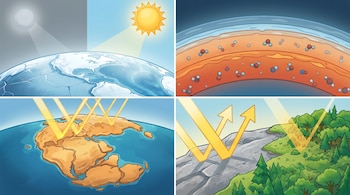 Ilustración de cuatro paneles: Sol y Tierra helada/cálida, atmósfera con gases, continente árido reflejando luz, y superficie rocosa/vegetal reflejando/absorbiendo energía.