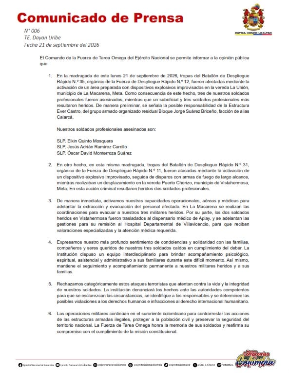 Fuerza de Tarea Omega evacuaba a militares heridos tras ataques en La Macarena y Vistahermosa - crédito @ftc_omega/X
