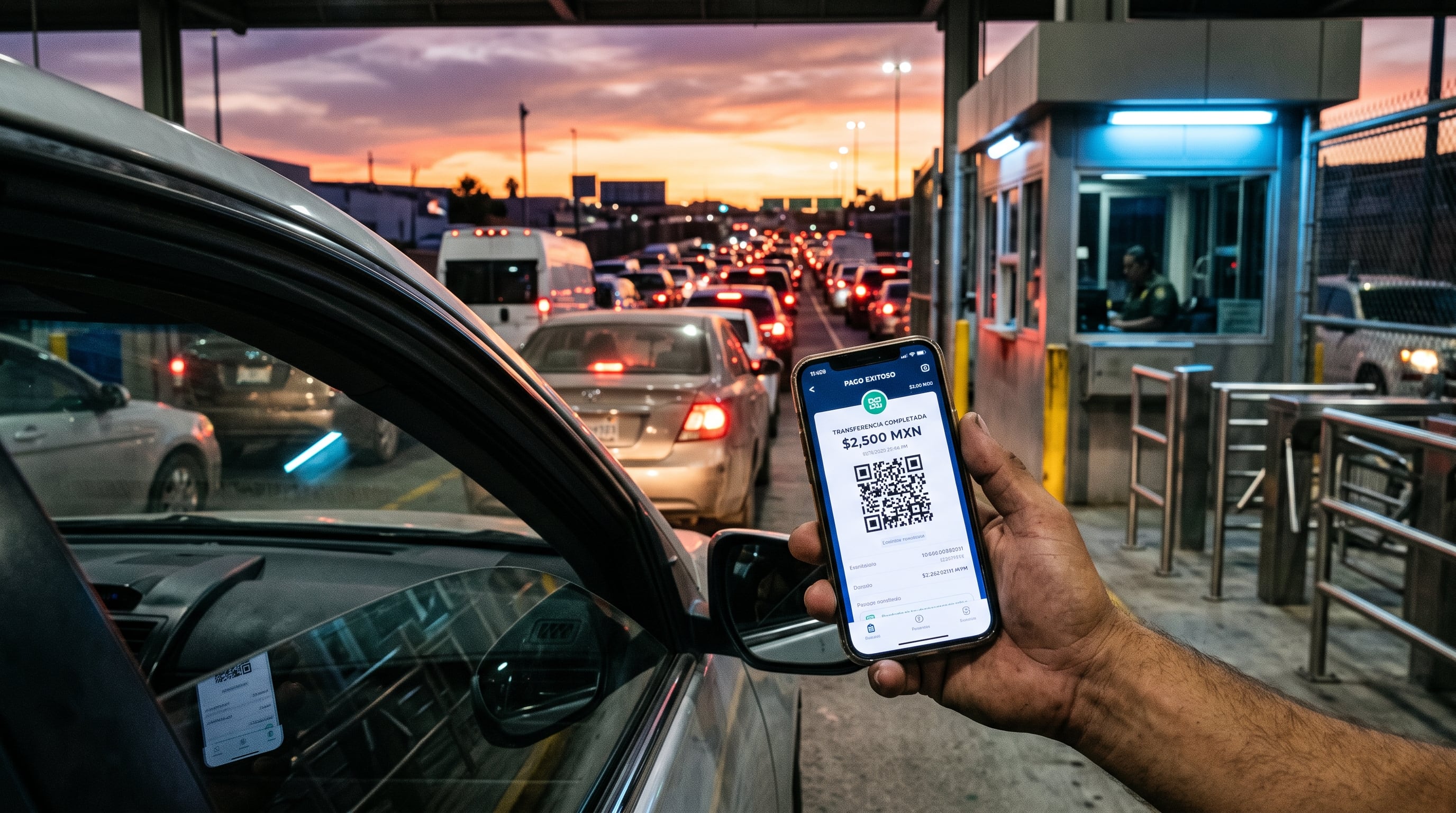 Una persona presenta un comprobante de pago digital en su teléfono móvil mientras espera en una fila de vehículos en el paso fronterizo de Tijuana. (Imagen Ilustrativa Infobae)