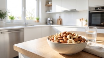 Primer plano de un tazón de almendras y marañones sobre una encimera de madera clara. Al fondo, una cocina blanca moderna con ventana y luz solar.