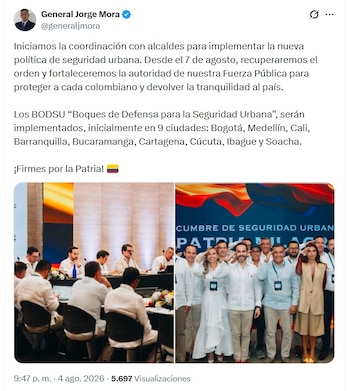 El ministro de Defensa designado por De la Espriella, el general (r) Jorge Mora, confirmó detalles de la reunión que sostuvo junto a los alcaldes de las nueves ciudades del país en las que se comenzará a implementar el programa - crédito @generaljmora/X