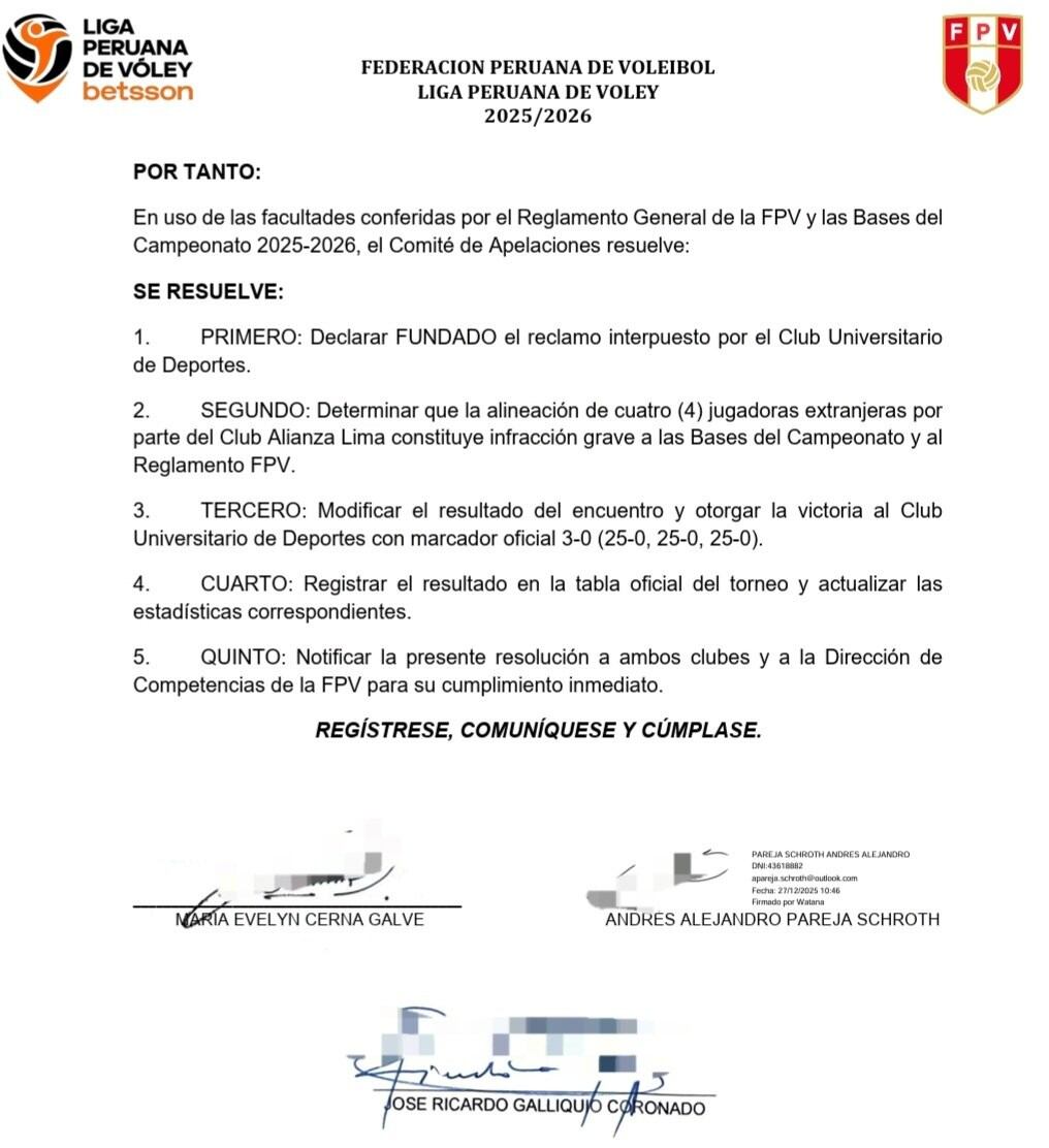 Resolución de la FPV y Liga Peruana de Vóley en primera instancia.