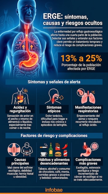 Ilustración de un torso humano que muestra el reflujo de ácido gástrico. Texto "ERGE: síntomas, causas y riesgos", datos de población, y paneles con síntomas y causas.