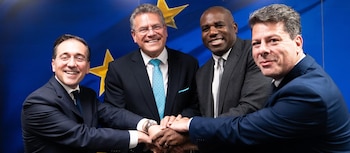José Manuel Albares, Maros Sefcovic, David Lammy y Fabian Picardo celebran el acuerdo este miércoles en Bruselas.