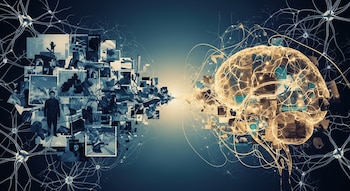 Imagen horizontal de un collage digital conceptual que muestra recuerdos fragmentados a la izquierda y un cerebro luminoso con formas reorganizadas a la derecha, rodeado de neuronas.