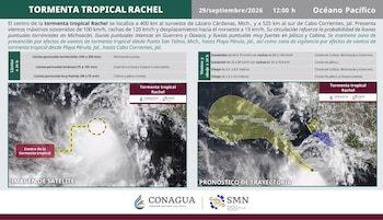 Infografía con texto, datos de viento y lluvia, una imagen de satélite y un mapa con el pronóstico de trayectoria de una tormenta