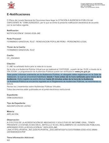 Documento digital de E-Notificaciones del JNE con información sobre una citación para audiencia pública virtual, fecha y detalles del caso