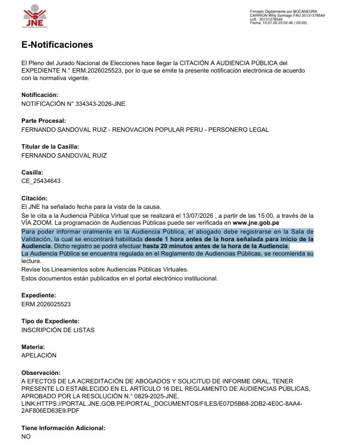 El Jurado Nacional de Elecciones (JNE) de Perú emite una notificación para una audiencia pública virtual programada para el 13 de julio de 2026, vinculada al caso Rafael López Aliaga.