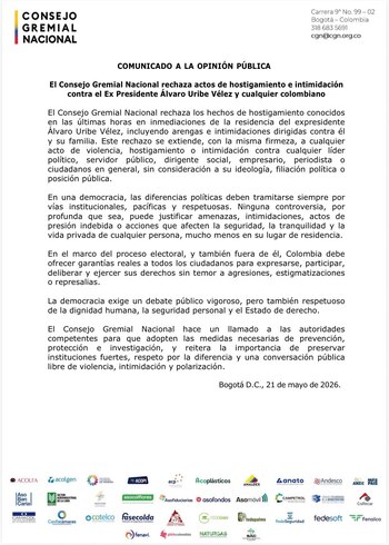 El gremio económico rechaza los actos de hostigamiento y las intimidaciones registradas cerca del domicilio del expresidente Uribe Vélez - crédito Consejo Gremial