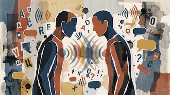 Ilustración de dos figuras humanas abstractas enfrentadas, con ondas, letras, burbujas de diálogo y signos de puntuación entre ellas, sobre fondo de collage.