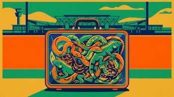 Ilustración de una maleta transparente llena de serpientes e iguanas con la silueta del edificio de un aeropuerto al fondo.