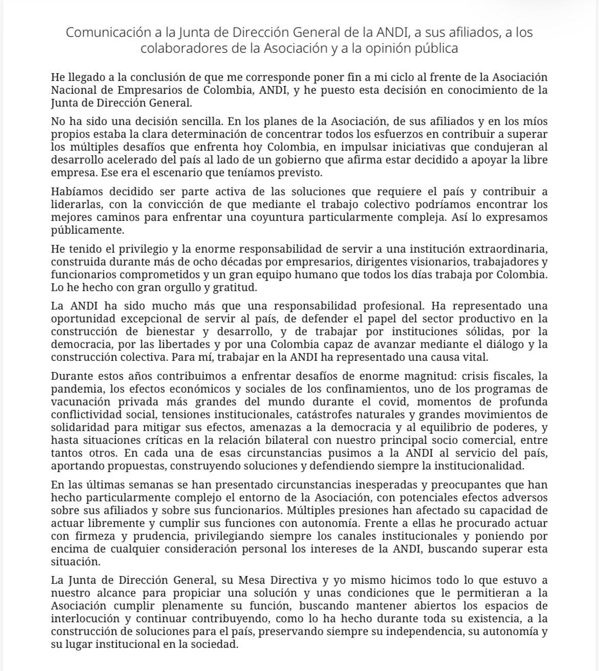 El líder gremial presentó una carta a la junta directiva explicando las razones de su salida - crédito suministrado infobae