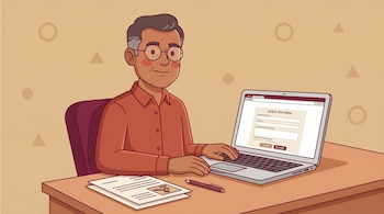 Ilustración de un hombre sentado frente a una laptop con un formulario de queja en línea, sobre un escritorio con papeles y un bolígrafo.