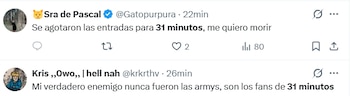 Captura de pantalla de dos mensajes en la red social X sobre el fin de entradas para el espectáculo de 31 minutos
