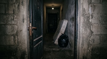 Puerta abierta hacia un pasillo de paredes de concreto con un colchón recostado en la pared y una bolsa negra en el suelo.