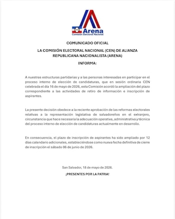 La Comisión Electoral Nacional de ARENA indica en su comunicado que la ampliación de 12 días busca adaptar los procesos internos a los nuevos requisitos legales./ (ARENA)