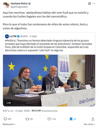 El expresidente de la República, Gustavo Petro, habló sobre el “voto fusil” uno de los argumentos de sus opositores en la contienda electoral. - crédito @petrogustavo/X