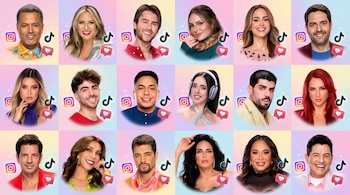 Mosaico de dieciocho retratos ilustrados de busto de hombres y mujeres. Cada retrato incluye logos translúcidos de Instagram, TikTok y un icono de corazón.