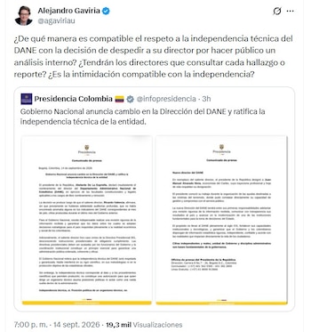 El exministro Alejandro Gaviria puso en duda que la independencia técnica del Dane pueda garantizarse si sus directores enfrentan consecuencias por divulgar análisis internos - crédito @agaviriau/X