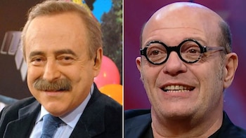 Imagen dividida con Jorge Guinzburg sonriendo, con bigote, a la izquierda, y a la derecha, Campi sonriendo, calvo y con gafas redondas negras, caracterizado