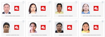 Ocho retratos tipo pasaporte de candidatos, hombres y mujeres, con sus nombres y el logo rojo de un casco blanco con la palabra "Nación"