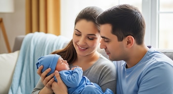 Una madre y un padre sonríen mientras sostienen a su bebé recién nacido. El bebé lleva un gorro y un traje azul, durmiendo en los brazos de la madre.