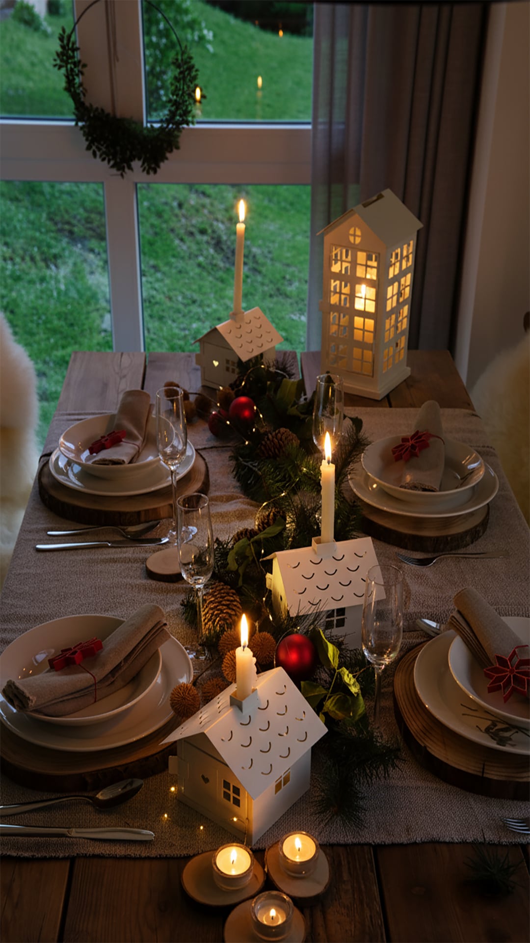 Centros de mesa con piñas del bosque y velas blancas sobre madera aportan calidez visual y luz suave a las cenas navideñas
