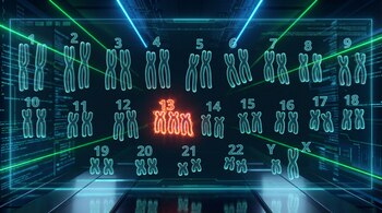 Un cariotipo humano holográfico en un fondo tecnológico oscuro. Los cromosomas azules forman pares normales, excepto el 13, que tiene tres cromosomas naranja brillante.