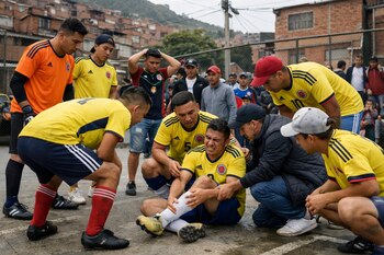 Grupo de hombres con camisetas de fútbol de Colombia rodea a un jugador sentado en el suelo con dolor en la pierna en una cancha exterior de un barrio.