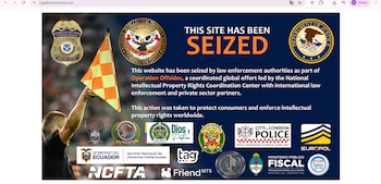 Página web incautada con texto 'THIS SITE HAS BEEN SEIZED', logos de múltiples agencias de seguridad y brazo de árbitro asistente de fútbol con bandera