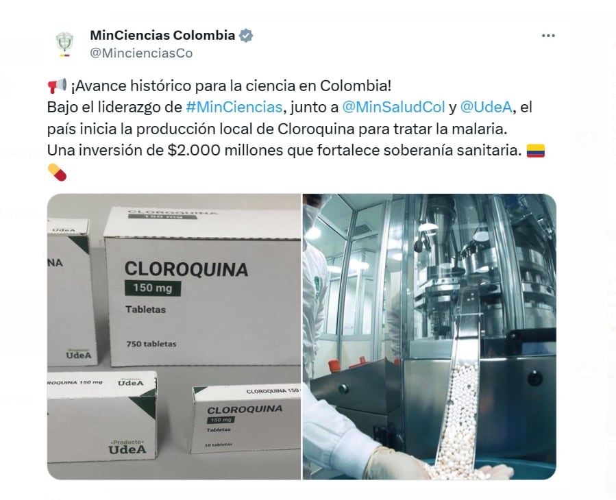 El Ministerio de Ciencia anunció el inicio de la producción local del medicamento contra la malaria - crédito @MincienciasCo/X