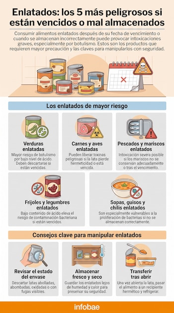 Infografía sobre alimentos enlatados riesgosos: cinco categorías de productos, iconos de advertencia y consejos para revisar el envase, almacenar y transferir tras abrir. Incluye logo de Infobae.