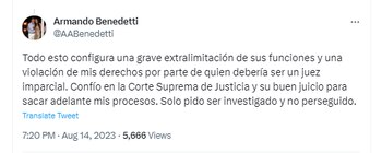 Mensaje de Armando Benedetti en