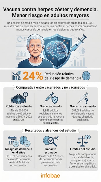 Infografía detallada sobre la vacuna contra el herpes zóster y su relación con el riesgo de demencia en adultos mayores, con gráficos y figuras ilustrativas.