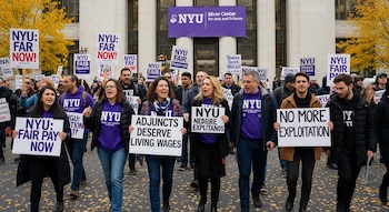 Vista frontal de una multitud de manifestantes con carteles en una calle. Un edificio universitario y árboles de otoño se ven al fondo.