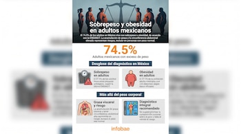 Infografía con título sobre sobrepeso y obesidad, balanza, personas con diferentes pesos, números, íconos de báscula, persona obesa, torso humano y figura con datos. Logotipo Infobae.