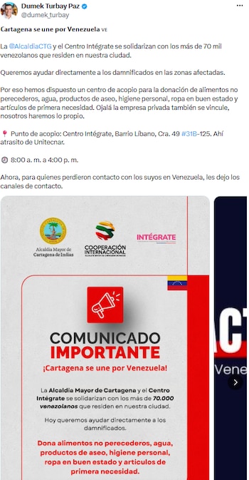 La administración de Cartagena activó recolección de ayuda humanitaria para Venezuela - crédito @dumek_turbay/X